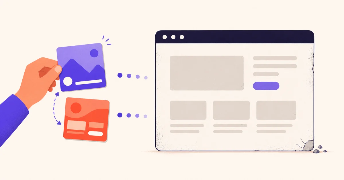 A small hand swaps one ad card for another while both send clicks into the same unchanged landing page window.
