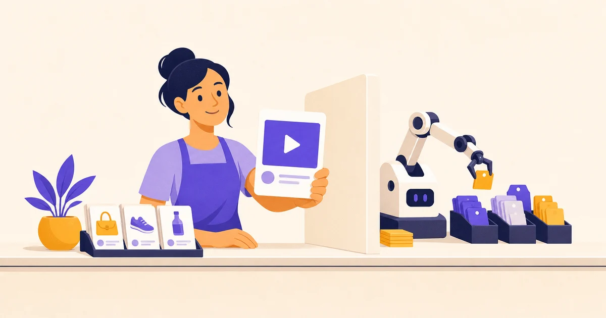 Un vendeur se tient devant un comptoir tandis qu’un petit bras robotique trie des cartes derrière.