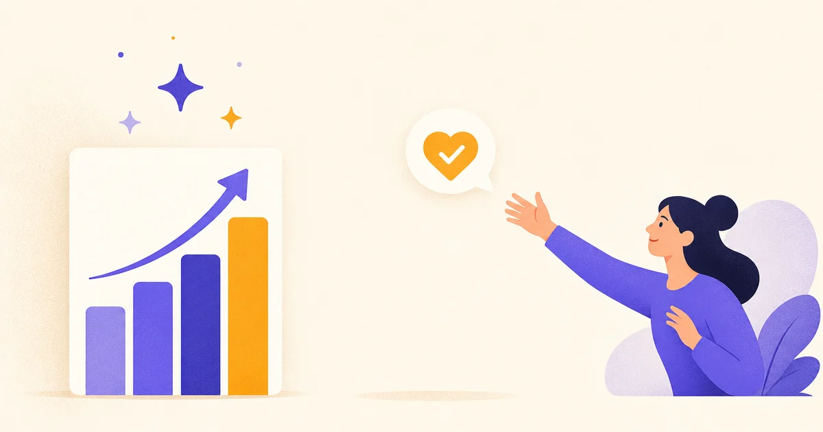 A rising set of metric bars sits on the left while a buyer avatar on the right reaches toward a heart-marked speech bubble across a gap.
