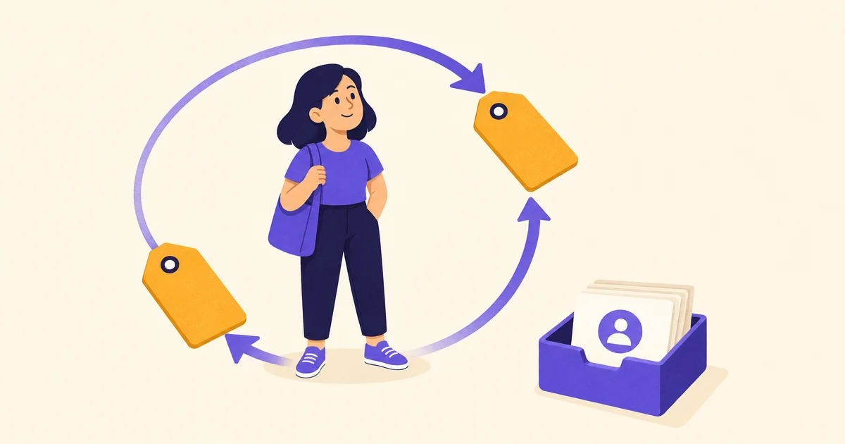 A shopper avatar is surrounded by two price tags in a looping path, with an open tray of email cards beside it.