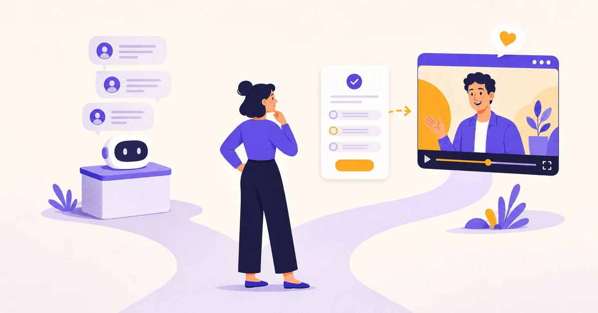 A shopper avatar stands between a chatbot kiosk with reply bubbles and a quiz leading to a video player with a human face.