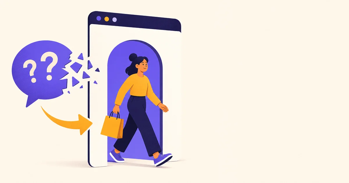 A stylized person walks through a homepage doorway while a speech bubble breaks apart outside the threshold.