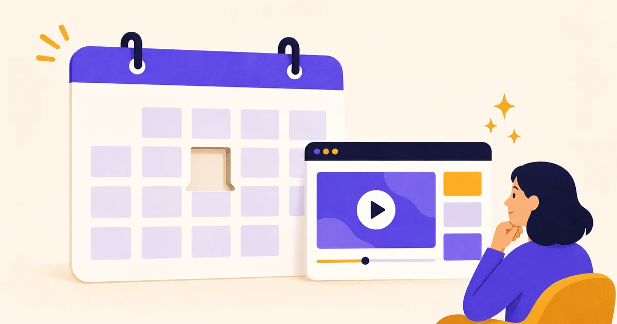 A calendar card with one meeting square cut out sits beside a simple video player window and a small buyer avatar.