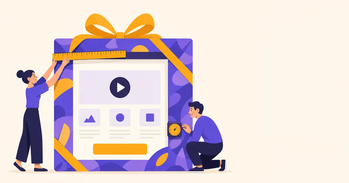Une carte de landing page est montrée dans une enveloppe colorée, avec de petits outils de mesure qui touchent seulement la couche extérieure.