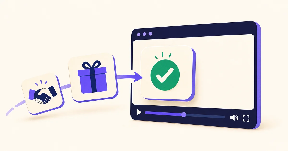 Three small tiles with a handshake, a gift, and a check mark move along a curved arrow into a video player window on a cream background.