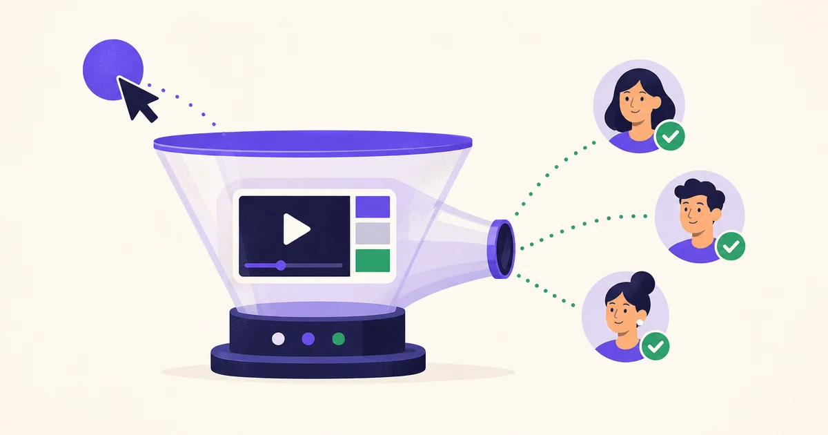 A click enters a funnel-shaped video player machine and comes out as three customer avatars.