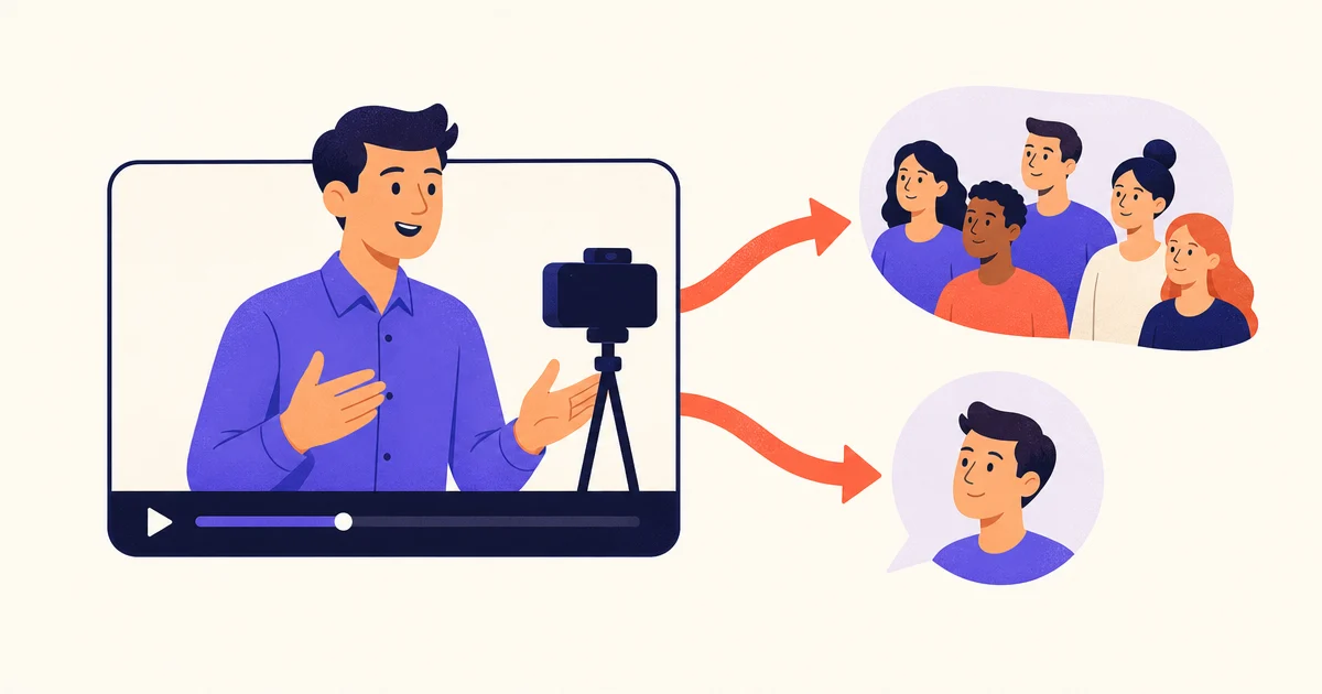 A salesperson inside a video player frame sends the same message toward a small group of customers and one individual customer.